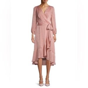 GAL MEETS GLAM Shimmer Satin Ruffle Wrap Dress